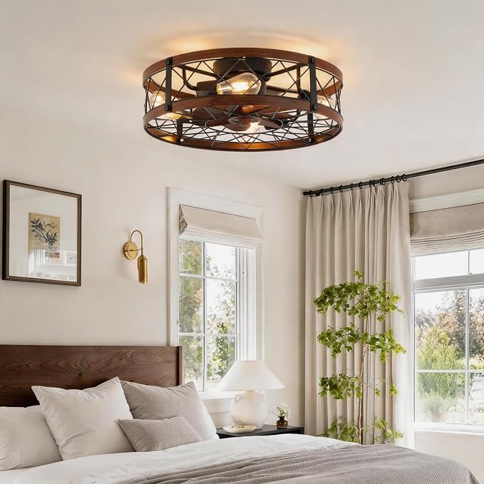 REDSTAR Flush Mount Caged Ceiling Fan with Lights, 20" Small Bladeless Ceiling Fans with Remote, Rustic Low Profile Ceiling Fans Quiet Reversible Enclosed Farmhouse Ceiling Fan for Bedroom Kitchen