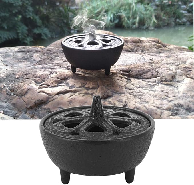 Vintage Tripod Incense Burner Holder with Lid, Cast Iron Incense Holder Metal Cauldron Censer Antique Cone Coil Incense Burner Holder for Incense Resins, Charcoal, Cones or Wax Melts