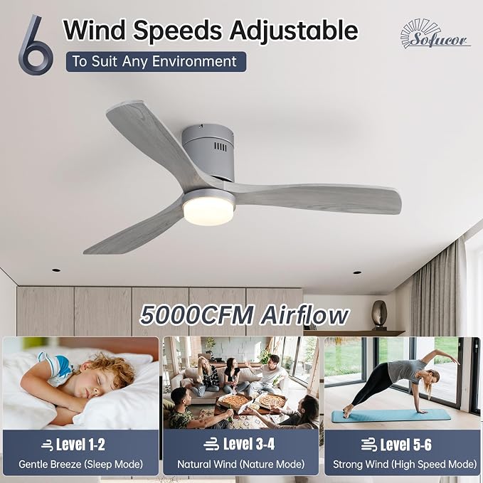 Sofucor 52 Inch Low Profile Ceiling Fans with Light, Modern Flush Mount Solid Wood Ceiling Fan with Airflow 5000CFM, Quiet DC Motor, 6 Speeds, Timer & Reversible for Bedroom Living Room, ETL, Gray