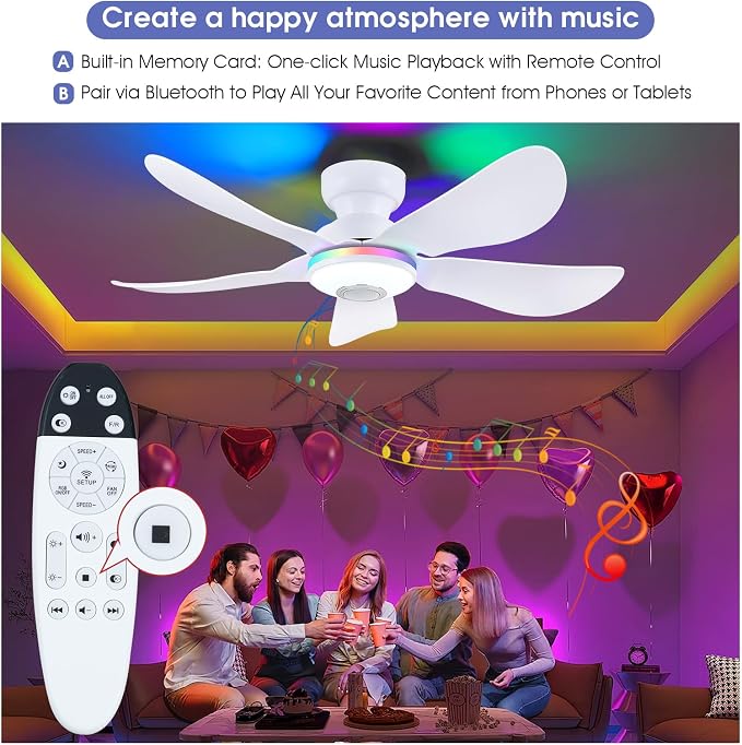 Kviflon 46" Ceiling Fans with RGB Lights Remote/APP Control, Flush Mount, 3 CCT Dimmable White Lights+RGB Ring Lights+Music Player, 5 Reversible Plastic Blades 6 Speeds for Party Bar, White