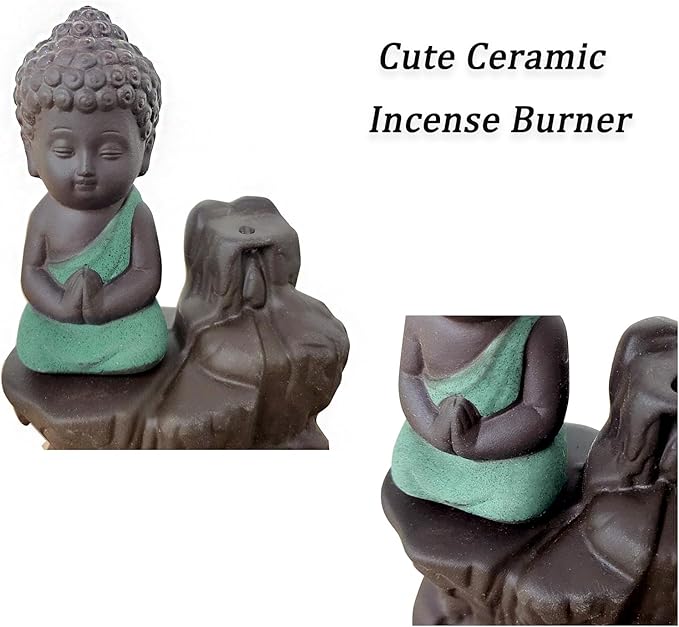 Backflow Incense Burner Holder Handmade Ceramic Waterfall Incense Cone Sticks Holder Buddha Style Home Decor with 10 Free Backflow Incense Cones for Home Tearoom Office (Light Blue)