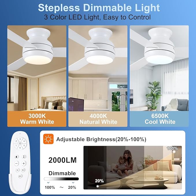 42 Inch Low Profile Ceiling Fan with Light Quiet for Bedroom,White | Flush Mount,Remote Control,Reversible DC Motor,Wood Blades,6 Speed,3CCT Dimmable for Bedroom,Living Room
