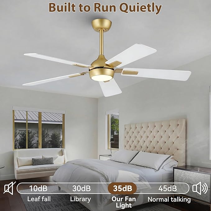 52" White Gold Ceiling Fan with Light and Remote, DC Motor Ceiling Fan with LED Light, 6-Speed Reversible, Dimmable 3CCT, Modern Ceiling Fan for Bedroom Living Room