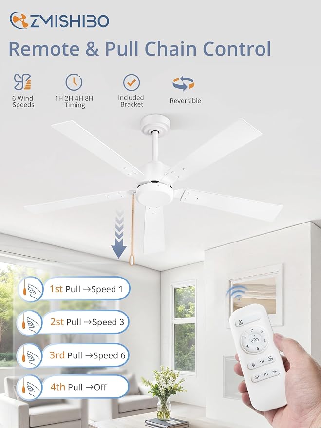 ZMISHIBO 52 Inch Ceiling Fans without Lights, White Ceiling Fan with Pull Chain, 6-Speeds, Quiet DC Motor, Remote Control, Outdoor Ceiling Fan for Patios, Living Room, Kitchen, Shop