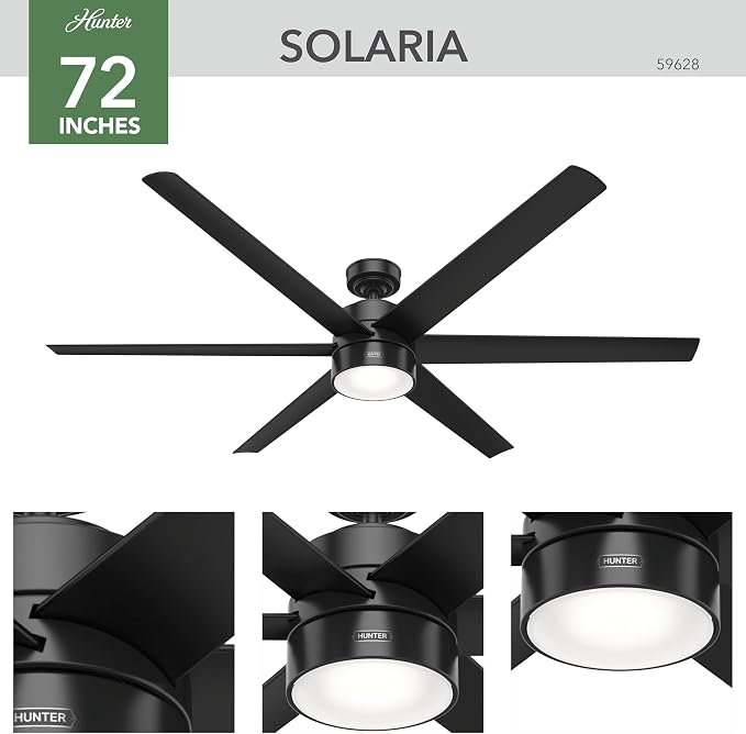 Hunter Solaria, Outdoor or Indoor, Ceiling Fan, Quiet, 72 inch, Matte Black | with LED Light, Standard Mount, Wall Control, 6 Blades, For Patio, Porch, Garage, 59628