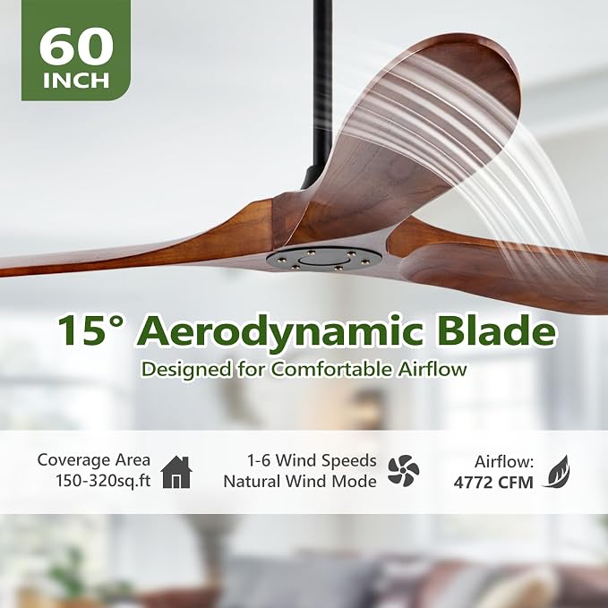 60 Inch Solid Wood Ceiling Fans No Lights Remote Control,Large Outdoor Real Wood Ceilings Fan Without Lights 3 Walnut Blades Craftmade Quiet for Patio Farmhouse Living Room Bedroom Office