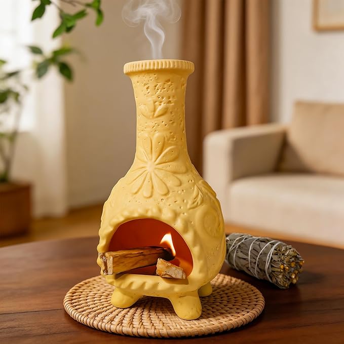 MOUGIGI Yellow Floral Reliefs Palo Santo Burner Holder-Mexican Mini Chiminea Inspired,Chimney for Smudging Sage/Incense Cones/Sticks for Altar/Zen Rituals, Handmade Decor for Witchcraft Supplies