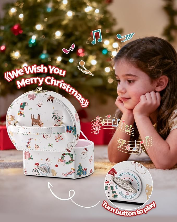 VLANDO Gifts for Girl, Musical Jewelry Box for Girls, Small Kid Music Box with Ballerina, Gifts for Christmas Girls Kids - Christmas White