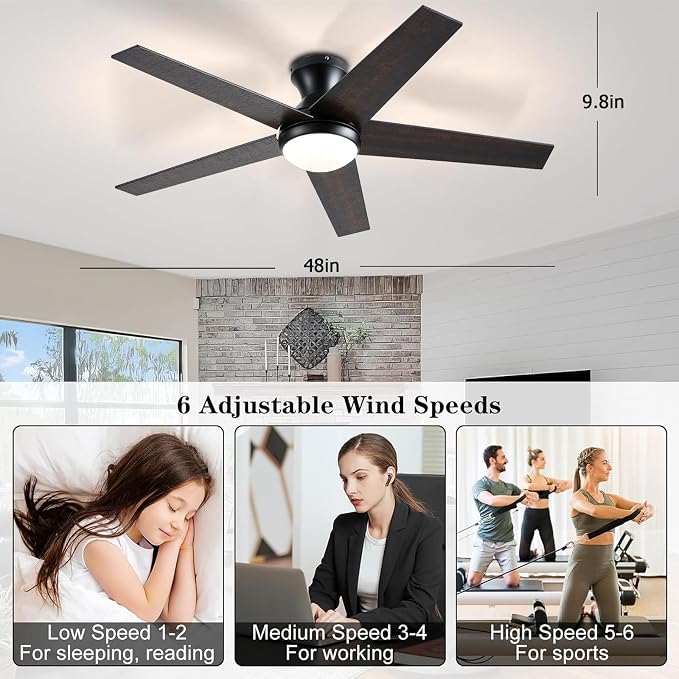 Ayaoty Ceiling Fans with Lights, 52" Low Profile Indoor Ceiling Fan with Light and Remote Control, Dimmable, Noiseless, Reversible, Brown Ceiling Fan for Bedroom, Indoor/Outdoor Use