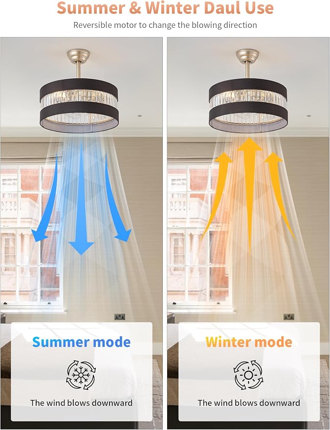 Black and Gold Crystal Fandelier Ceiling Fans with Lights, 20" Farmhouse Rustic Ceiling Fan with Light Remote Control, Caged Mid-Century with 6 Speeds for Bedroom, Nursery, Living Room