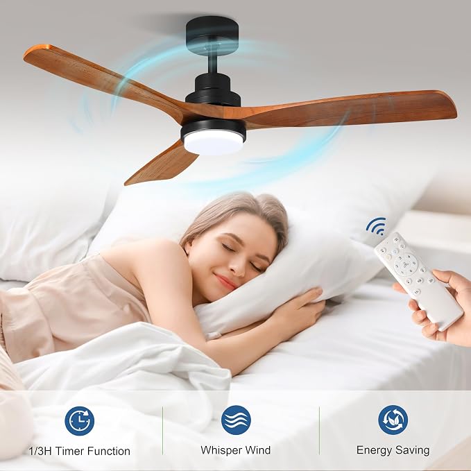 52inch Ceiling Fan with Light and Remote for Outdoor/Indoor Use, Patios, Bedrooms, Living Rooms, Kitchens, 6 Speeds,3CCT Switchable,with 3 Solid Wood Blades and Modern, Noiseless, Reversible Function