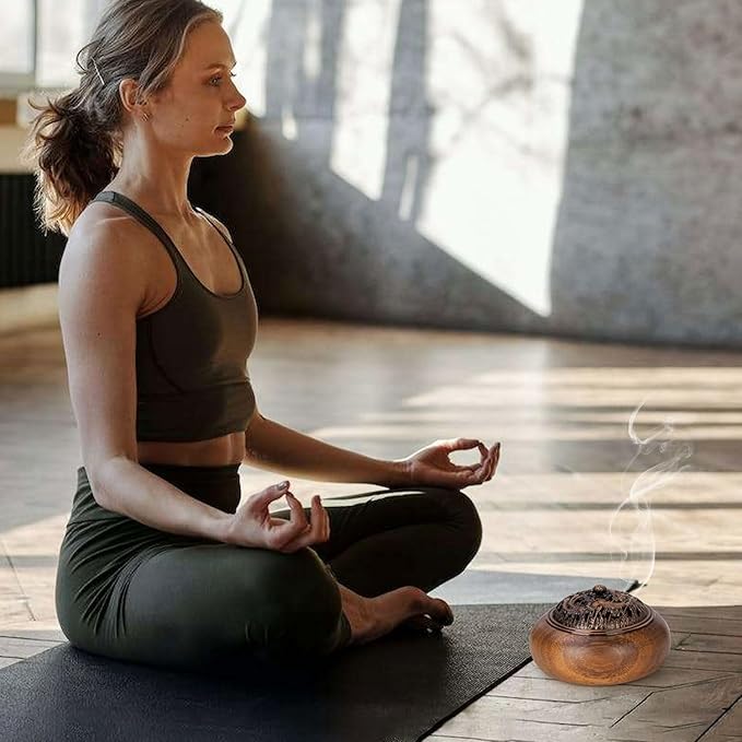 2 Pack Incense Cone Holder, Wooden Incense Burner with Brass Cover, Bakhoor Burners for Sticks Coil, Frankincense Room Home Decor Yoga Spa Meditation (R)