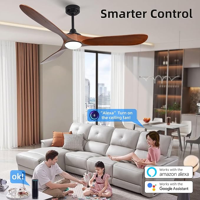 60” Outdoor Ceiling Fan with Light 3 Downrods, Smart Wood Ceiling Fan Compatible with Alexa/Google/App, 3 Blades Modern Walnut Wood Ceiling Fans for Kitchen Living Room Patio