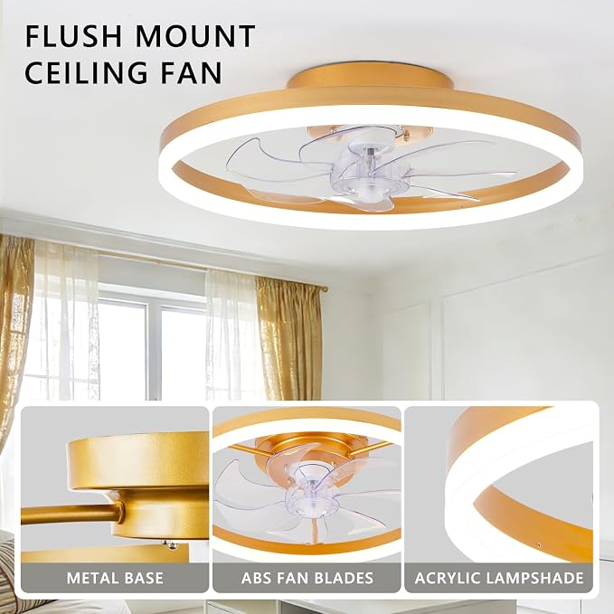 20" Low Profile Ceiling Fans with Lights and Remote & APP, Dimmable 3000-6500K LED Fandelier Ceiling Fan with Light, Modern Flush Mount Ceiling Fan Light for Living Room, Bedroom and Kitchen