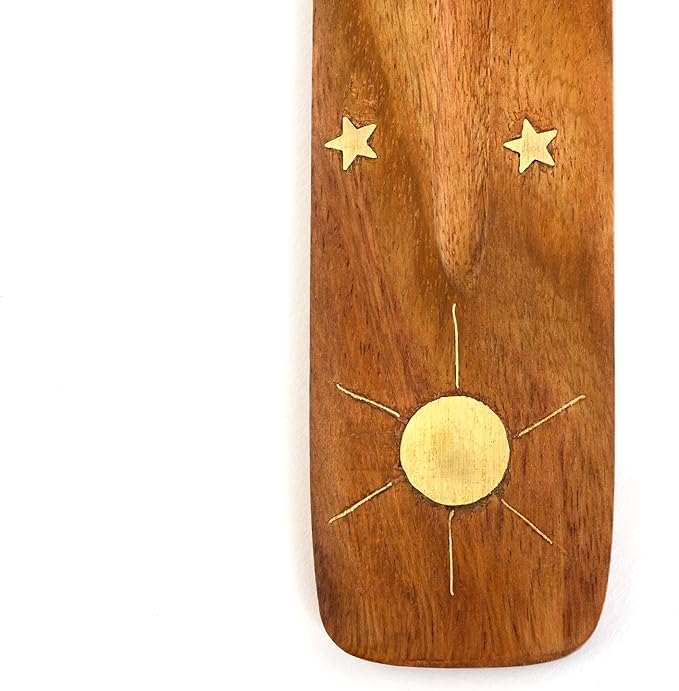 Incense Garden Wooden Incense Holder for Sticks with Inlays of Brass Sun 10 inches Long