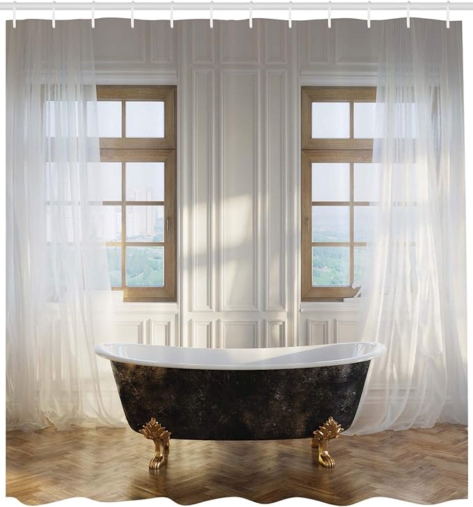 Ambesonne Antique Shower Curtain, Retro Bathtub in Modern Room Interior Hardwood Classics Space Design, Cloth Fabric Bathroom Decor Set with Hooks, 69" W x 70" L, White Black Pale Brown