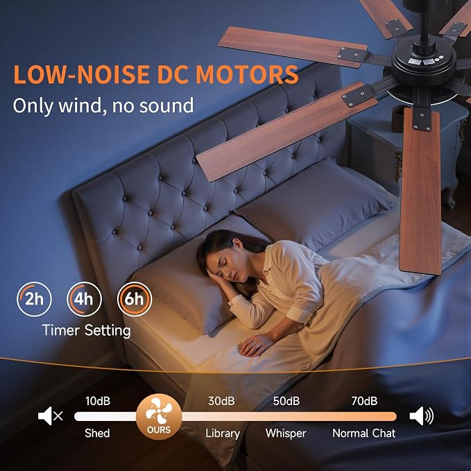 64 Inch Ceiling Fans with Lights and Remote, Bedroom Living Room Office Library Cafe Outdoor Industrial, 5CCT Dimmable, Dual Color 7 Blades, 6 Speed Reversible Quiet DC Motor, Black/Wood Grain