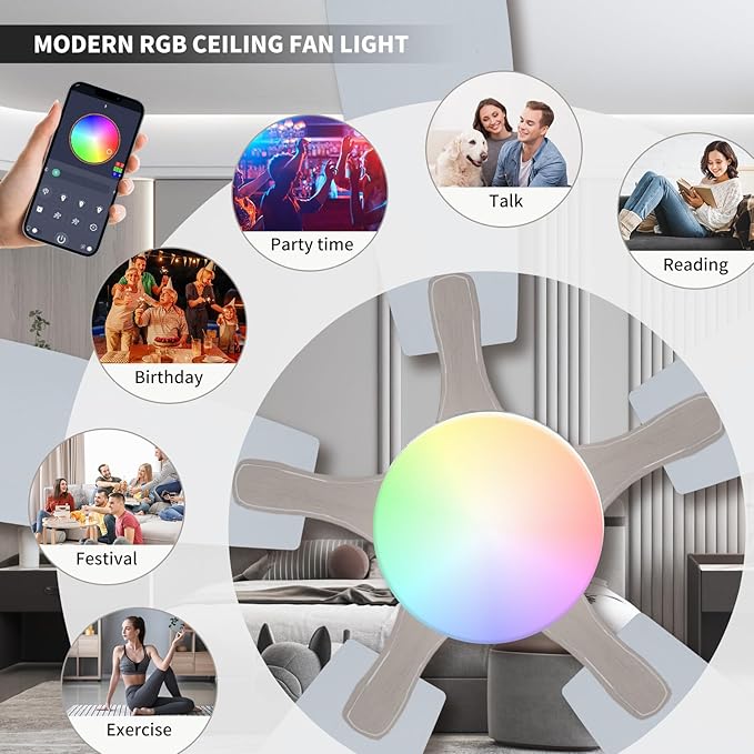 FUMLTP Ceiling Fans with Lights, 54inch RGB Low Profile Ceiling Fan with Light and Remote/App Control, Flush Mount, Dimmable, Reversible DC Motor, Noiseless, 6 Speeds Nickel Ceiling Fan for Bedroom