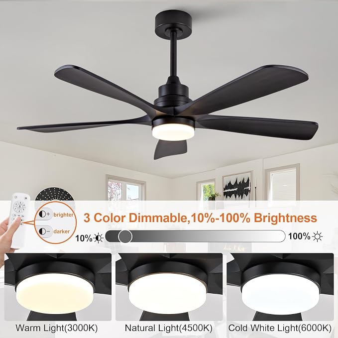 52 Inch Solid Wood Ceiling Fans with Lights, Black Ceiling Fan with Light, Modern Indoor Outdoor Ceiling Fan with Remote for Patio Living Room Bedroom