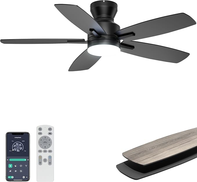 Ohniyou Ceiling Fans with Lights, 42'' Low Profile Ceiling Fan with Light and Remote/APP Control, Modern Flush Mount Ceiling Fan for Indoor Bedroom Kitchen, Dimmable, Quiet DC Motor, Black