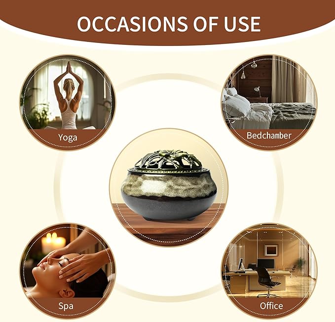 Ceramic Incense Burner, Bowl Burner,Cone Incense Burner with Brass lid for use with Stick or Cone-Shaped Incense，Lotus Incense Stick Holder Calabash Incense Stick Holder, 3pc (Fambe White)