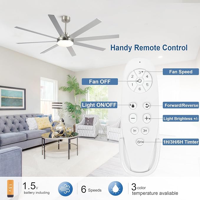 72 Inch Ceiling Fans with Lights and Remote Control, Brushed Nickel | Wooden Blades,Reversible Quiet DC Motor, 6-Speed, 3CCT Dimmable LED, Timer for Living Room, Bedroom, Office