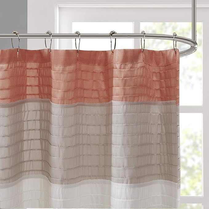 Madison Park Amherst Bathroom Shower Curtain Faux Silk Pieced Striped Modern Microfiber Bath Curtains, 72x72 Inches, Coral