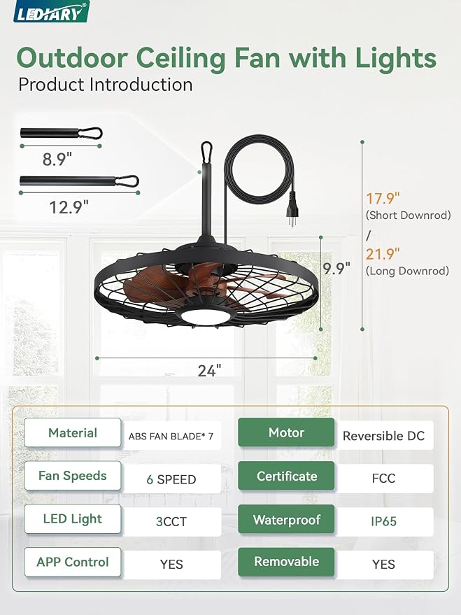 LEDIARY 24" Outdoor Ceiling Fan with Lights,IP65 Waterproof Gazebo Hanging Fan with Remote Control Smart App, Plug in Caged Ceiling Fan with 3CCT 6-Speeds for Patio Porch Pergola(Walnut)