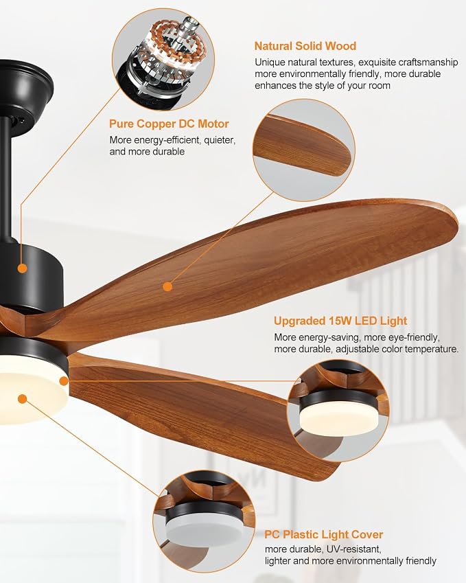 Yahada 60" Ceiling Fans with Lights and Remote 5 Blades Outdoor Fans Brown | Ceiling Fan with Light for Patios Indoor, ETL Listed, Timer, 6 Speeds, 3 Color, 6500 CFM, Reversible Quiet DC Motor