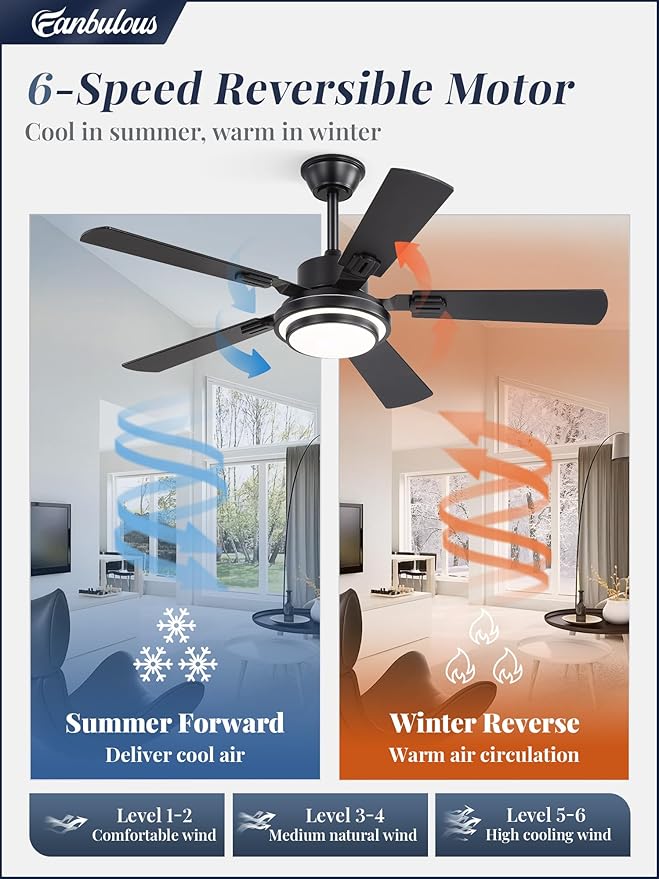 Fanbulous 48 Inch Ceiling Fans with Lights and Remote, Black Ceiling Fan with 8 Dual-Color Blades, Indoor/Outdoor Large Ceiling Fans, Reversible DC Motor, 6-Speed, 3CCT for Living Room Kitchen Patio