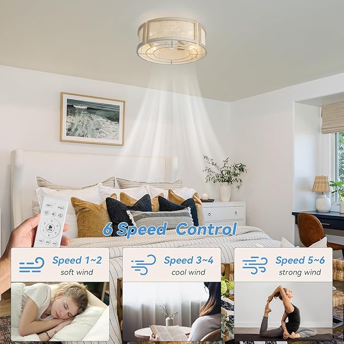 20" Boho Ceiling Fans with Lights, Rattan Flush Mount Ceiling Fan with Light Remote Control with Caged 6 Speeds for Bedroom, Nursery, Living Room (Gold)