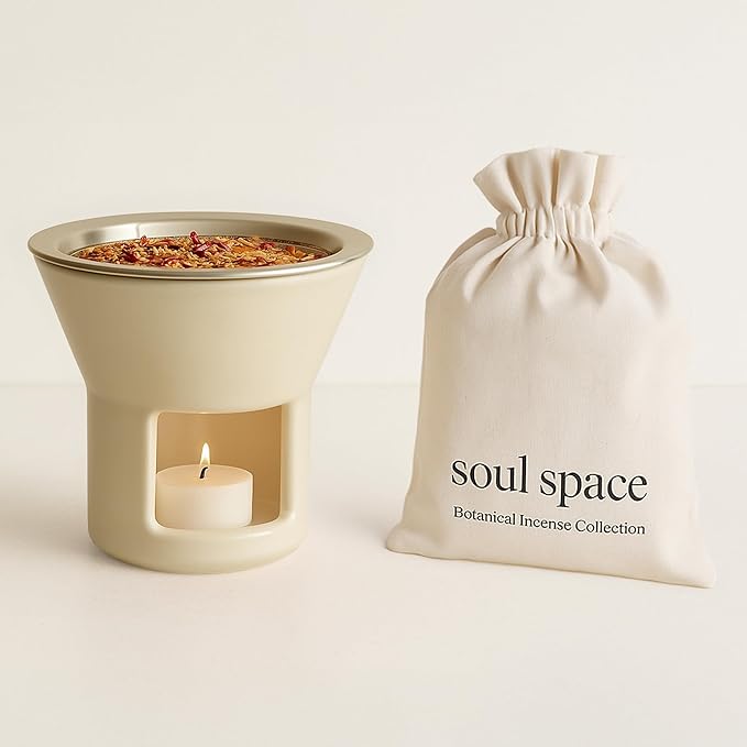 Soul Space Non Toxic Incense Holder/Burner & Incense Blends Starter Bundle| Scent Not Smoke: Zero Ash, Pure Aroma, Low-Smoke - Perfect for Heating Natural and Organic Incense | Color: Cream