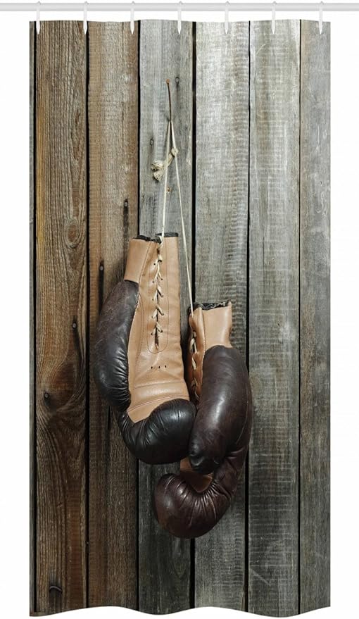 Ambesonne Vintage Stall Shower Curtain, Vintage Boxing Gloves on The Old Wooden Background Antique Equipment Photo Art Print, Fabric Bathroom Decor Set with Hooks, 36" W x 72" L, Brown Pale Green