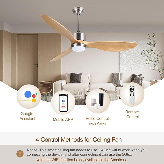 Ovlaim 52 Inch Wood Ceiling Fan with Light, Quiet DC Motor, Smart 6-Speed | 30dB Quiet, Light Wood Blades, 3-Color Dimmable, Memory Function, Reversible Motor, Bedroom Living Room