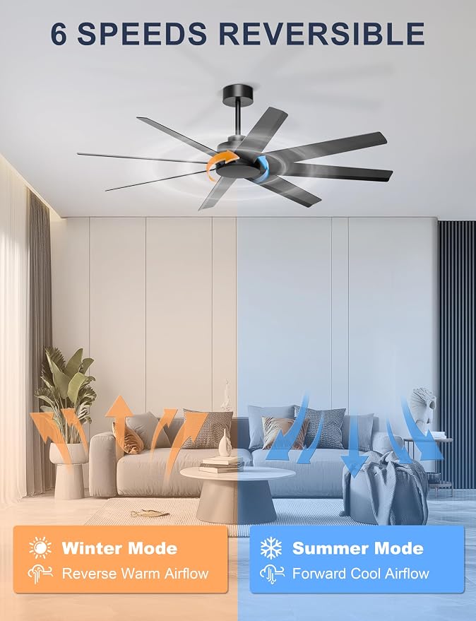 Ohniyou 60'' Ceiling Fan No Light - Modern Black 8 Blades Ceiling Fan Remote/APP Control, DC Motor Outdoor Fan for Covered Patio, Living Room, Shop, Garage