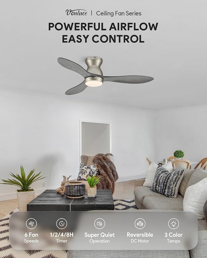 VONLUCE Wood Ceiling Fan with Lights, 42 Inch Flush Mount Ceiling Fan and Remote, 6-Speeds Quiet Reversible DC Motor, 3CCT, Natural Wood 3 Blades Outdoor Ceiling Fan for Patios Farmhouse, Nickel