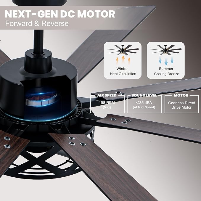 Dawn Whisper Black Ceiling Fans with Lights 72 Inch Farmhouse Ceiling Fan with Remote Quiet Reversible DC Motor 6 Speeds 8 Blades Large Industrial Chandelier Fan for Living Room Bedroom