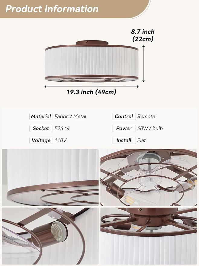 Boho Ceiling Fan with Light Flush Mount, 20" Brown Caged Ceiling Fan with Lights Remote Control, Bladeless Ceiling Fans 6 Speeds for Bedroom, Living Room, Nursery