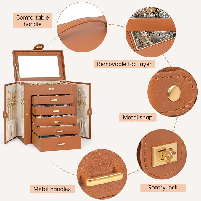 AKOZLIN 6-Tier Jewelry Box Organizer Functional 5 Drawers Leather Jewelry Storage Case for Women Girls Ring Necklace Earring Bracelet Holder Organizer with Mirror Medium Dark Orange