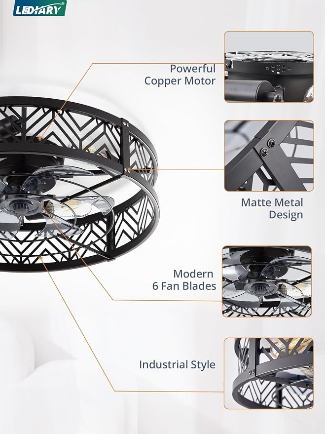 LEDIARY 23" Caged Ceiling Fan with Light, Large Flush Mount, App&Remote Control, Low Profile Bladeless Fan Light Fixture 6 Speed, Reversible and Quiet Motor-Black