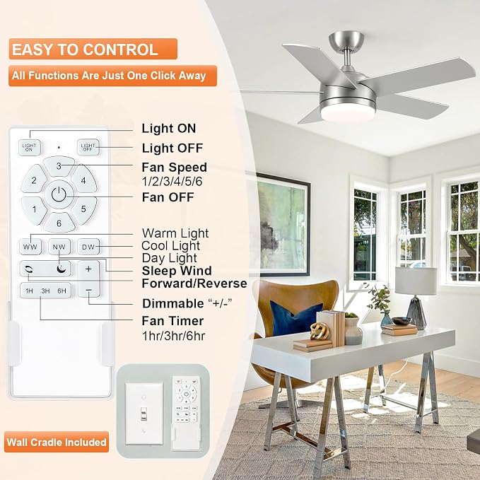 YUHAO 44 Inch Brushed Nickel Ceiling Fan with Light and Remote Control.Noiseless,Dimmable,3CCT,6 Speeds Reversible, DC Ceiling Fans for Indoor or Covered Outdoor Use.ETL Listed