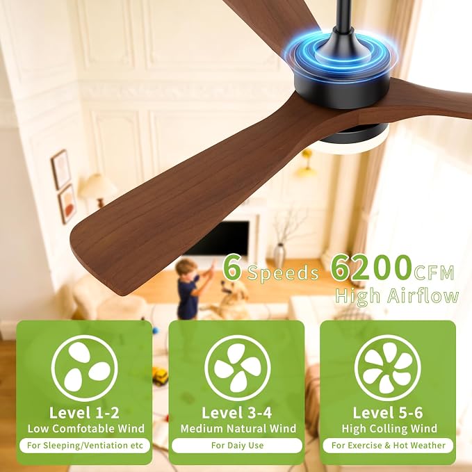 Ceiling Fans with Lights, Solid Wood Blade, 45 W Reversible DC Motor <20 dB Ultra-Quiet for Home Living, 3 CCT, 6 Speeds, 6200 CFM, 52 Inch Suitable for Indoor and Outdoor