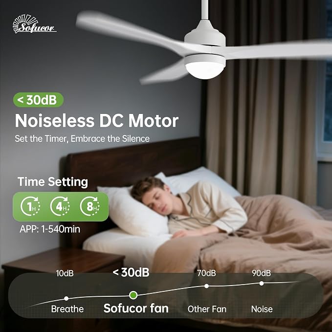 Sofucor 52" Smart Wood Ceiling Fans Lights, Flush Mount & Downrod Mount, 3 Wood Blades Modern Outdoor Ceiling Fans with Alexa/Google Assistant/APP/Remote Control for Bedroom, Farmhouse, Patio, Indoor
