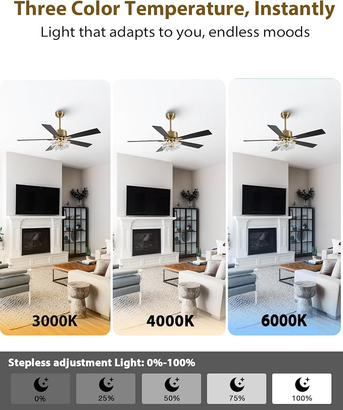 52 Inch Gold Ceiling Fans with Lights and Remote, Modern PS Petal Crystal Black and Gold Ceiling Fan for Bedroom Living Room Apartment 3CCT Dimmable Indoor Room Chandelier, 6 Speeds DC Motor