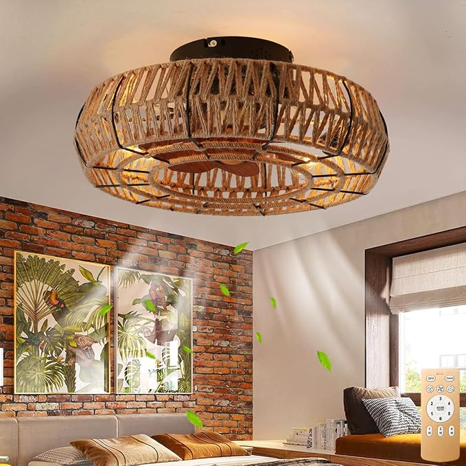 20" Boho Caged Bladeless Ceiling Fans with Lights and Remote | Flush Mount Low Profile Ceiling Fan Light. Silent 6 Speed Reversible Motor, Hand-knitting for Living Room Bedroom w/ 4 bulbs.