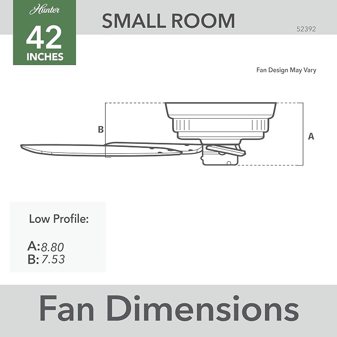 Hunter Low Profile IV, Indoor, Ceiling Fan, No Light, 42 inch, Matte Black | Low Profile Flush Mount, Pull Chain, 5 Blades, For Bedroom, Living Room, Kitchen, 52392