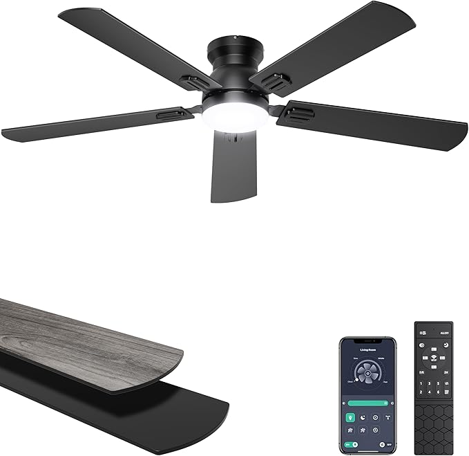 Ohniyou Ceiling Fans with Lights, 52 Inch Low Profile Ceiling Fan with Light and Remote/APP Control, Flush Mount, Dimmable, Quiet DC Motor, Black Ceiling Fan for Bedroom, Living Room