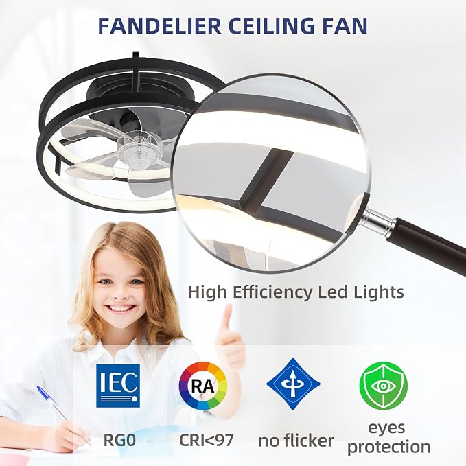 13 Inch Small Ceiling Fan with Light and Remote, Low Profile Flush Mount Fandelier, Dimmable 3CCT Quiet LED Ceiling Fans for Bedroom,Black001