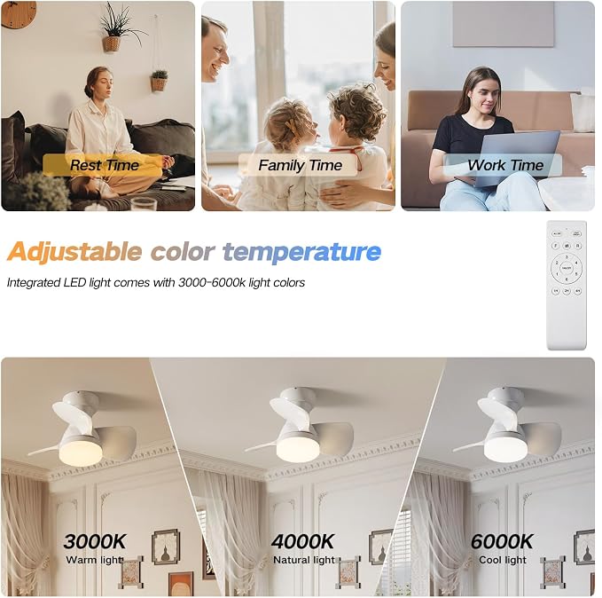 20 Inch Ceiling Fan with Light, 3 ABS Blades, White Small Ceiling Fan with Remote Control, Suitable for Living Room, Dining Room, Bedroom