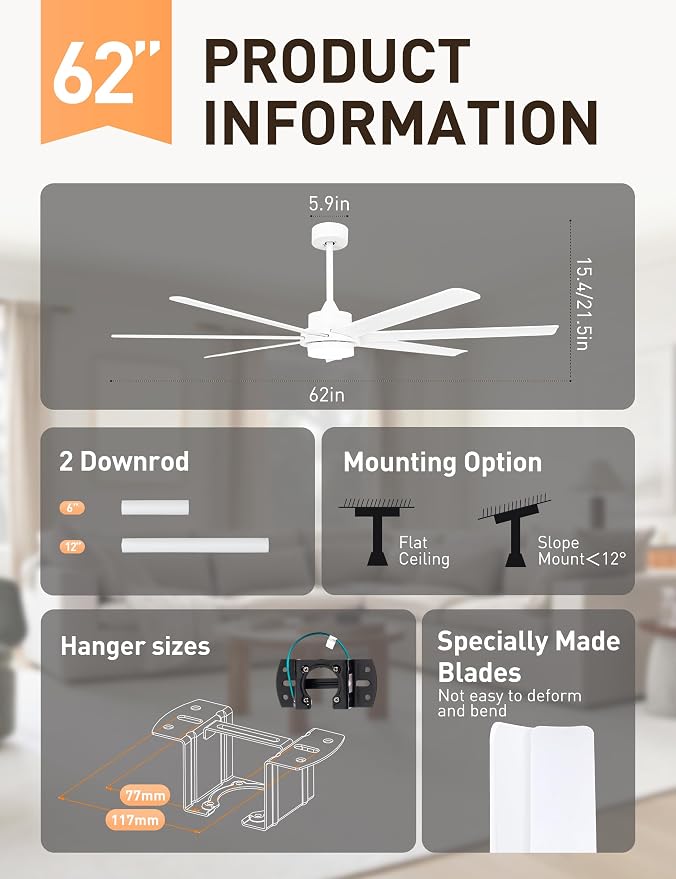 Minislak 62 inch Smart White Ceiling Fan with Light and Compatible with Alexa,6 Speed,3CCT,Quiet DC motor Indoor Oudoor Ceiling Fan for Living room or Patio